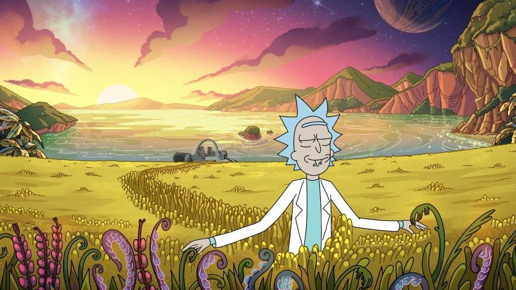 Rick from Rick and Morty in an alien field